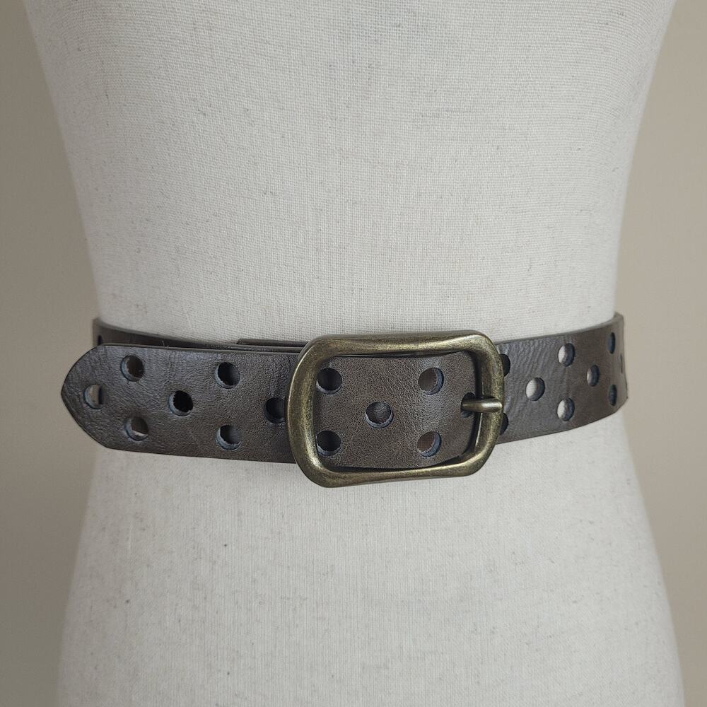 Brown Leather Belt Womens Small Circle Cutout Brass Buckle Boho Rock Punk